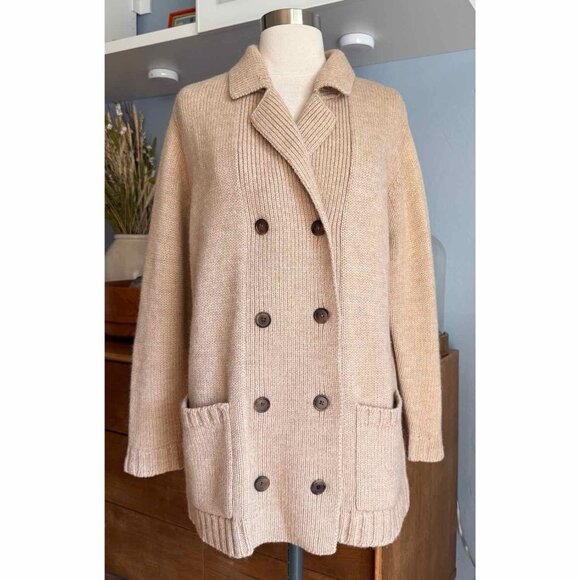 Lauren Ralph Lauren Camel Hair Wool Cardigan Double Breasted Tan Pockets Sz MP - Picture 1 of 5